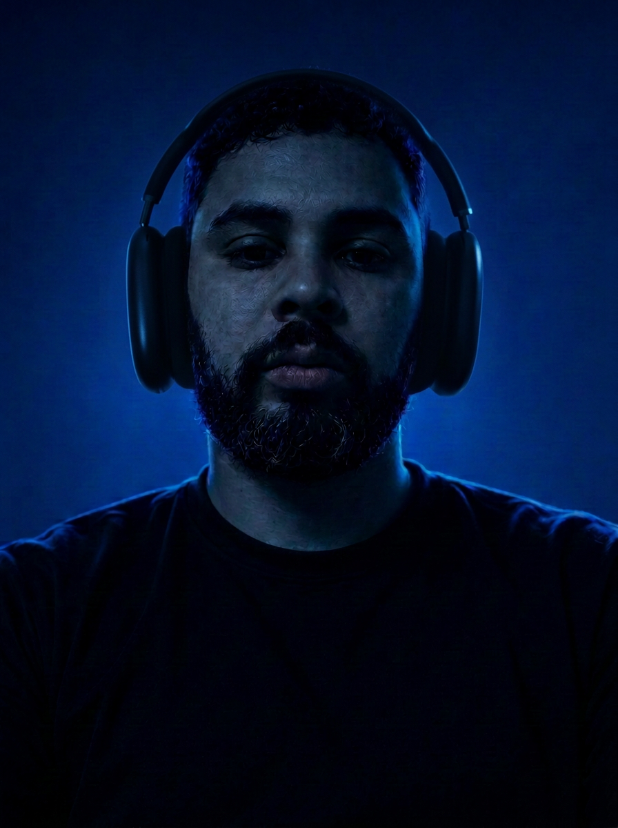 Guilherme Freitas usando fones de ouvido, com iluminação azul